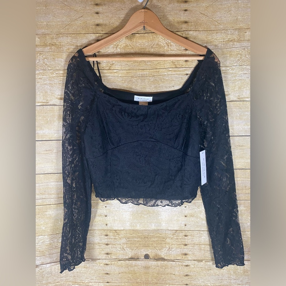 NWT Kirious sz L Black Crop Top Lace Square Neck Long Sleeve